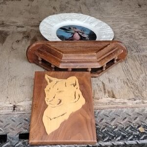 Wood Carved Tiger Plaque - Natural Brown with Yellow Inlay&Shelf& Angel Display